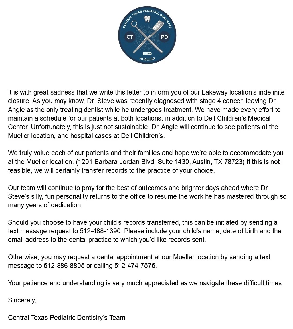 A letter detailing the closure of the Lakeway location of the clinic